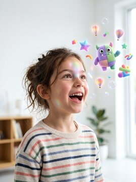 [Generative AI] Creativity education concept photo of a child smiling brightly while looking at a cute imaginary monster character