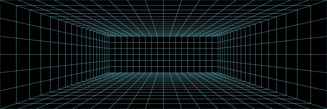 Arcade grid bg for lab y2k blueprint, game line ground. Ai isometric infographic, tron metaverse in space industry minimal floor. Neon perspective pattern on simple 80s tile. Square wired texture box