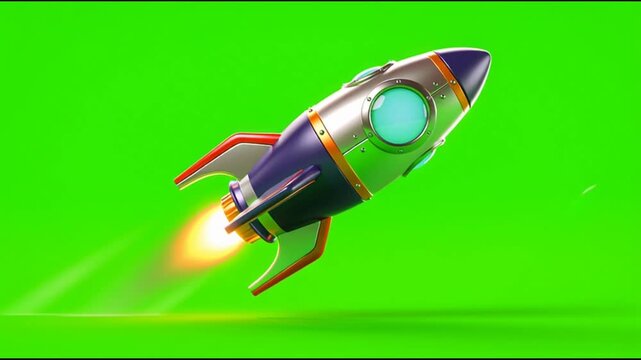 Cartoon rocket ship flying with fire trail on green screen