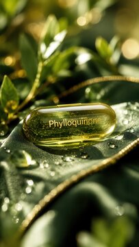 Close-up view showing a phylloquinone capsule placed on a green surface with small leaves and droplets of water around it during daylight