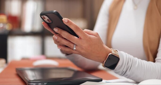 Freelancer, online and hands with phone in home office, public relations and texting on social media. Publicist, networking and communication with contact, remote work and person with mobile in house