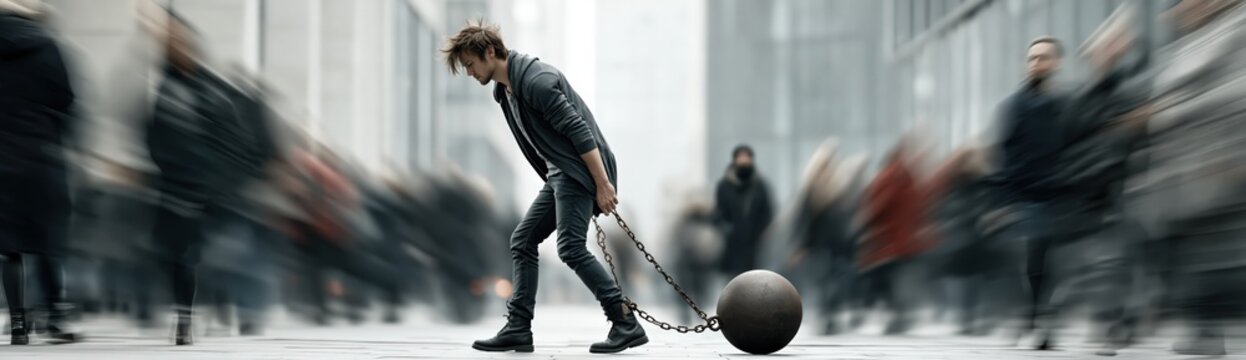 Person dragging iron ball and chain through busy urban street surrounded by indifferent crowd, depression and mental health awareness concept, copy space