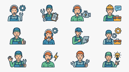 Fototapeta premium Professional Illustrated Set of 12 Diverse Customer Support and Technical Service Icons with Gear Tools and Communication Devices