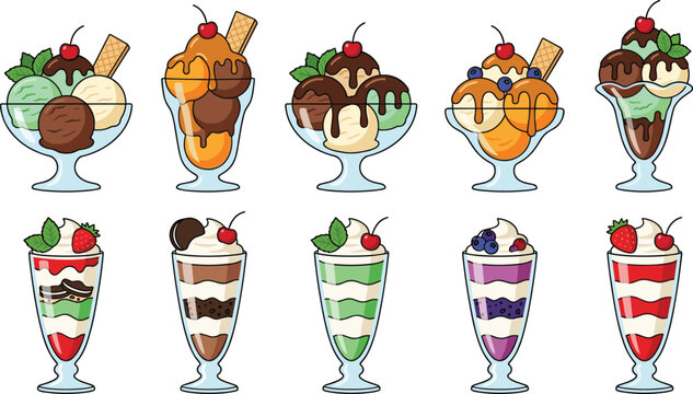 Ice cream sundae and parfait vector cartoon icon collection set featuring delicious dessert bowls and glasses with colorful scoops chocolate sauce whipped cream and berries isolated on white