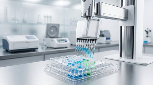 Robotic arm pipetting blue liquid into microplate in modern medical laboratory, pharmaceutical research automation technology, biotechnology science experiment