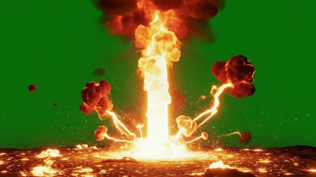 Massive volcanic eruption with lava explosion and smoke plume on green screen volcano magma