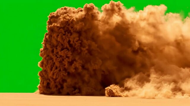 Massive dust cloud explosion isolated on green screen, realistic sand storm particle effect for visual effects and compositing