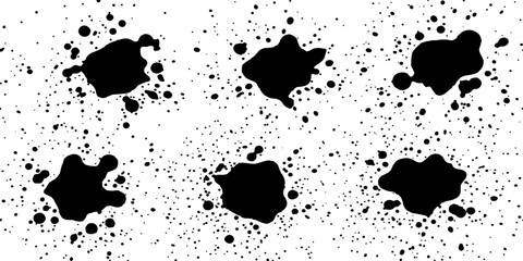 Six dynamic black ink splatters, each uniquely shaped, are scattered across a textured canvas, creating a striking abstract composition. © GREENPIXEL Art