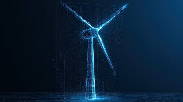 Digital wireframe wind turbine on blue background