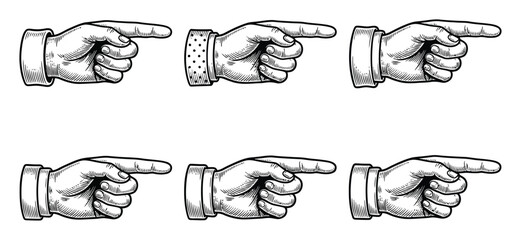 A collection of vintage-style hand-drawn pointing finger isolated on a white background for projects © ThephotoLab