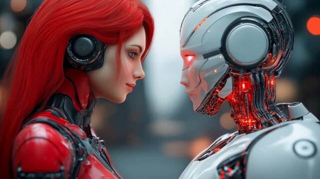 Humanoid robot facing a red haired cyborg woman exploring artificial intelligence and human machine connection