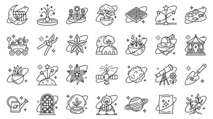 Fototapeta premium Moon Garden Architects Elements Icons Sets Packs, Editable Vectors Strokes Illustrations. containing icon, set, vector, space, gardening, planet, plant, flower, astronomy and mores Elements Icons.