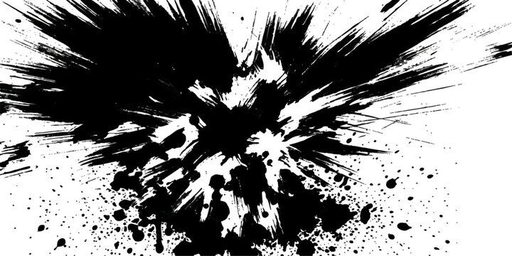An explosive black ink splatter on a white background, creating a dynamic and abstract burst of texture and energy, perfect for graphic design and artistic concepts.