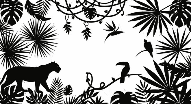 Tropical jungle frame with exotic animal and plant silhouettes, black and white illustration of rainforest wildlife