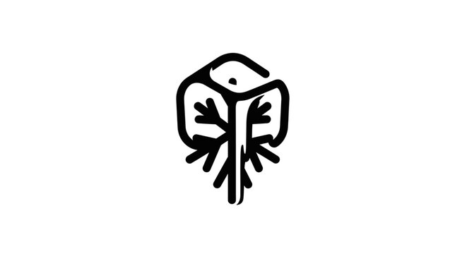 Minimalist black and white icon: abstract cube with organic roots or branch elements, symbolizing nature, growth, and structured design.