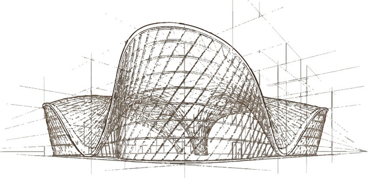 A unique architectural design sketch showcases a modern building with a wavy, glass facade and intricate structural lines, rendered in a hand-drawn style.