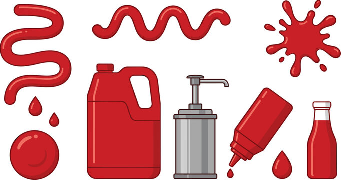 Tomato ketchup containers and liquid splashes vector collection featuring bulk refill jug metal pump dispenser squeeze bottle wavy lines sauce drops and large puddle stain.