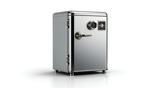 Retro chrome safe with combination lock vintage security box for valuables isolated on white background