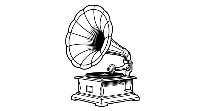 Vintage gramophone illustration in detailed black and white on white background