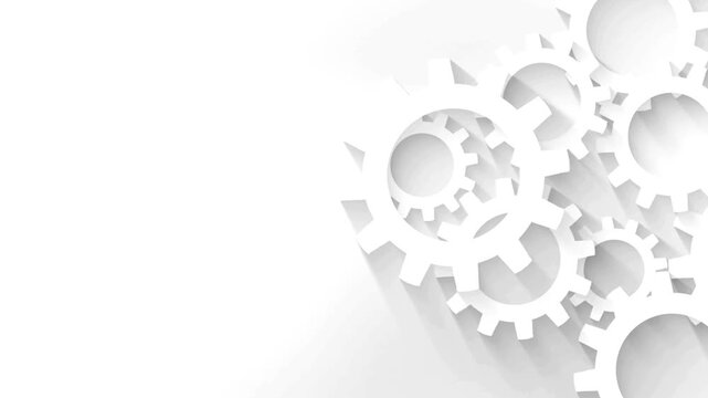Clean white background with a cluster of interlocking gears creating a sense of mechanical movement and industry