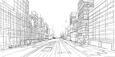 A futuristic urban cityscape rendered in a minimalist line art style, featuring towering skyscrapers and a vanishing point perspective down an empty street. © Black Art
