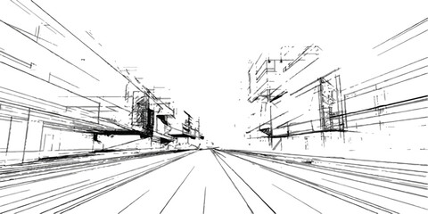 Obraz premium An abstract, linear sketch depicts a futuristic urban landscape with towering structures and a vanishing point, conveying a sense of speed and innovation.