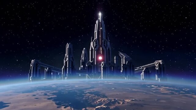 Futuristic alien cityscape hovering above a barren planet's surface at night
