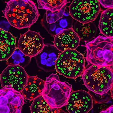 Fluorescent staining of cells with degraded proteins, medical research, cellular degeneration