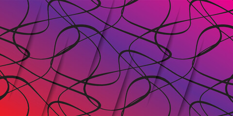Obraz premium Abstract modern background featuring a dense network of chaotic, tangled black lines and loops intersecting across a vibrant color gradient blending purple,
