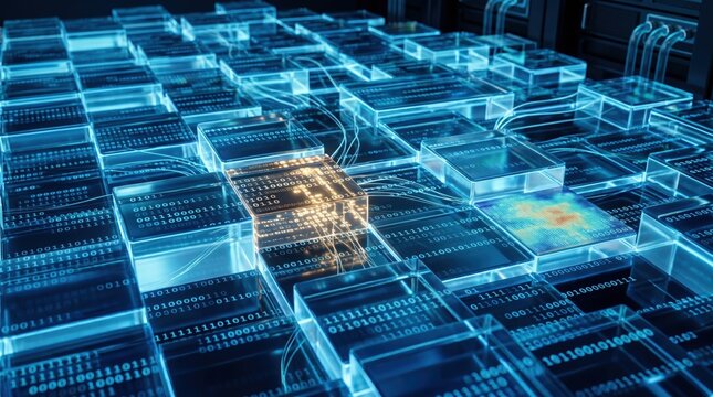 Abstract quantum computing chips grid with binary code streams and glowing processor core, representing next-gen data processing and artificial intelligence infrastructure