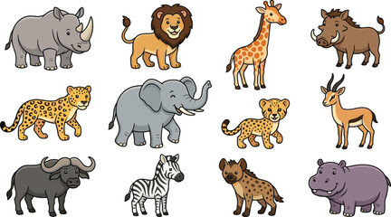 African safari wild animals vector cartoon character collection set featuring funny wildlife mascots elephant lion giraffe rhino zebra cheetah and hippo isolated on white background © Kuddus