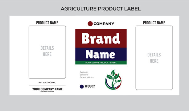 Agriculture Product Label Template with Leaf Icon for Pesticide and Fertilizer Chemical Bottle Packaging