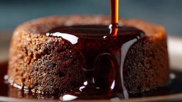 Closeup view of molten lava cake with dark syrup being topped up flowing into center rich texture dramatic shadows sharp focus
