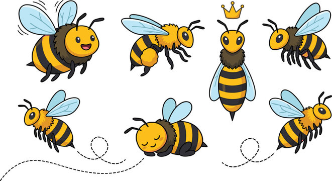 Honey bee cartoon characters vector set featuring various poses including cute flying bumblebee queen bee wearing golden crown sleeping worker and black dashed flight trails.
