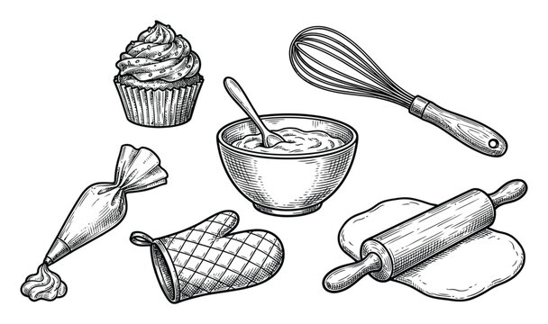 Hand-drawn set of baking tools and cupcake for kitchen and bakery