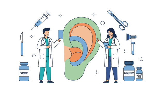 Two doctors presenting a giant ear anatomy diagram with medical tools and medicines for ear care on a white background.