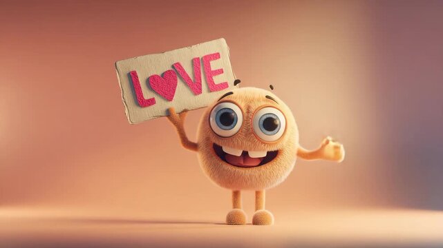Funny and adorable animated character holding a handmade love sign gift with playful body language warm lighting colorful cartoon style smooth lines clean background