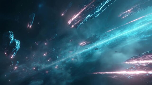 Futuristic asteroids soaring through a vast cosmic void with glowing energy trails soft neon reflections dreamy atmosphere sharp detailed surfaces cinematic science fiction lighting