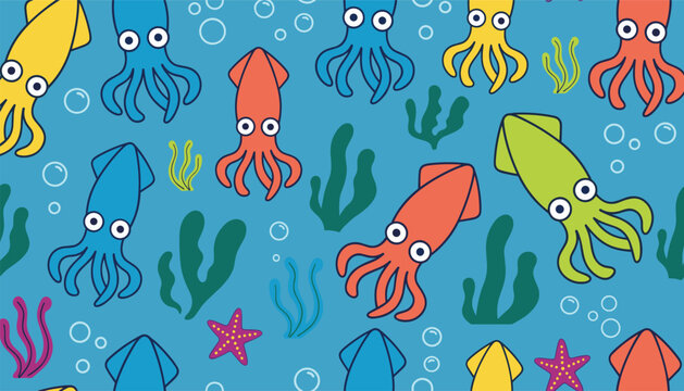 Colorful seamless pattern featuring cute cartoon squids, seaweed, and bubbles in the ocean on a blue background.