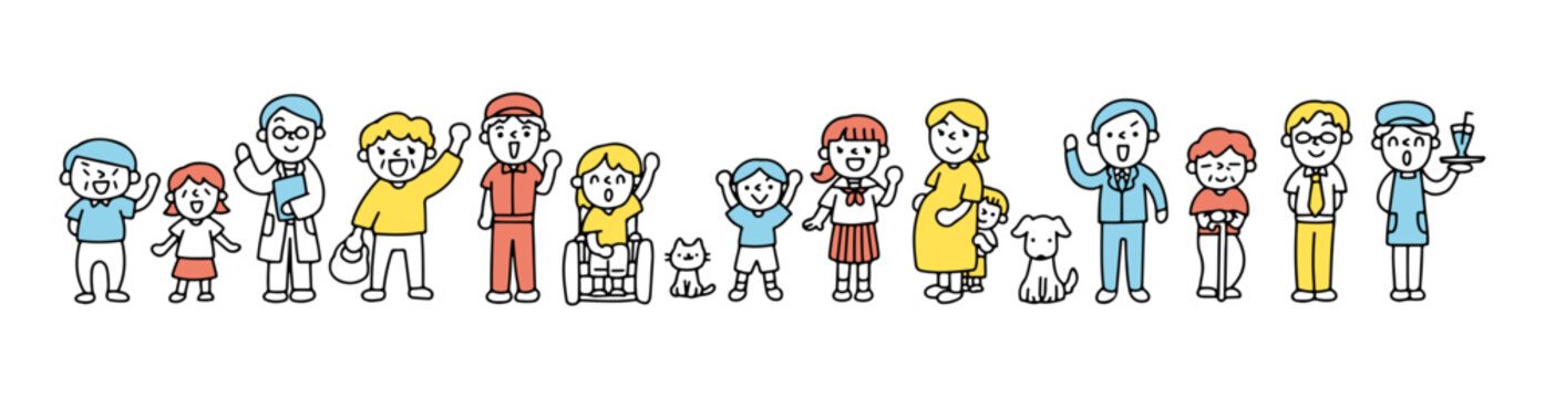 子供や大人、働く人々と動物のイラストセット