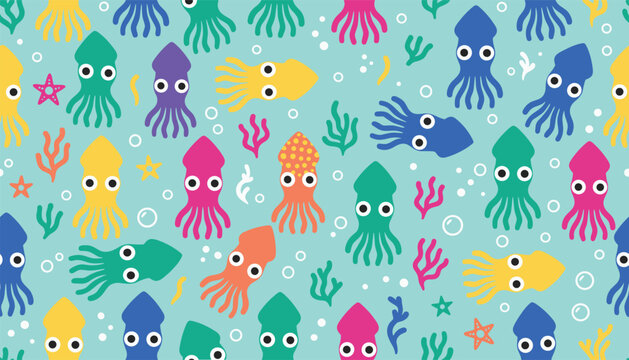 Colorful seamless background pattern featuring cute cartoon squids and sea plants on a light blue background.
