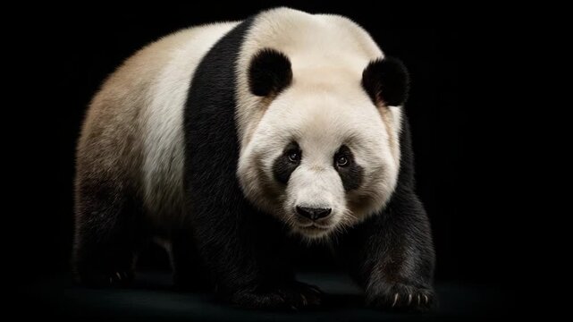 Giant panda walking calmly through an isolated black background soft even lighting highlighting fur contrast sharp focus realistic wildlife portrait