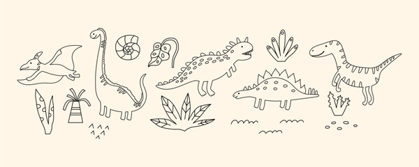 Beige Outline Cute Dinosaur Kit Element. Line Dino Animal Set. Doodle Dinosaur Collection for Color Page Book. Vector Handdrawn Illustration © Anna Drozdova
