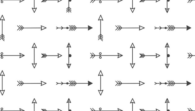 Ethnic seamless pattern featuring hand-drawn black arrows pointing in different directions on a white background.