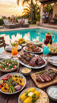 A delicious BBQ dinner table by a swimming pool at sunset. Close-up of grilled steak, ribs, skewers, corn, and cocktails on wood, with blurred friends relaxing in the background.