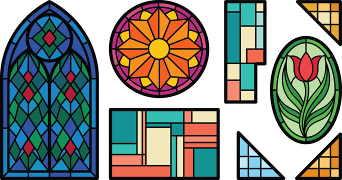 Stained glass windows vector collection featuring gothic arch mosaic circular rosette star mandala abstract geometric panels oval tulip flower frame and corner glass borders.