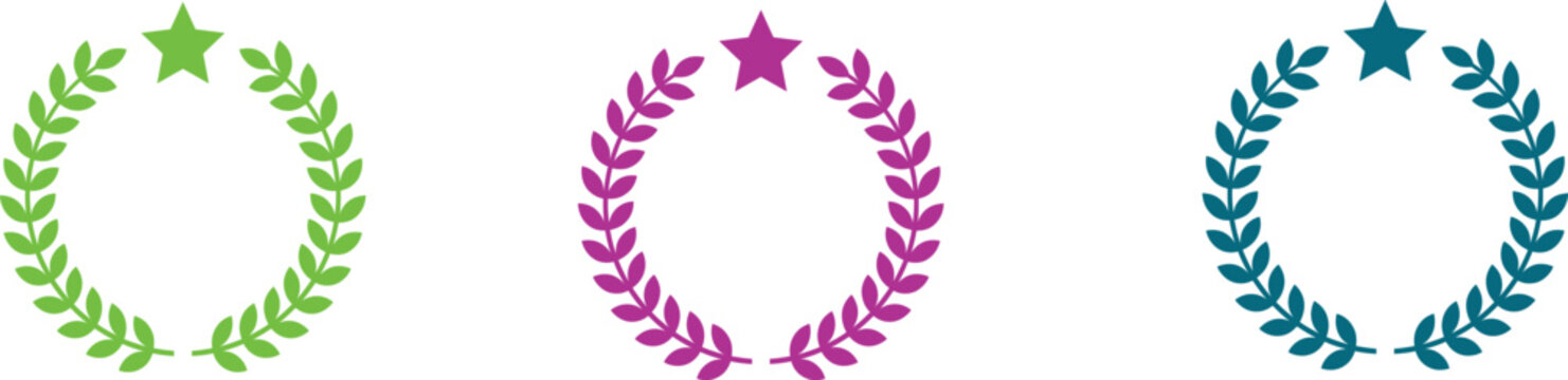 Laurel Wreath Vector Graphic Set with Lime Green Magenta Pink and Teal Circular Olive Leaf Branches and Reward Star Symbols