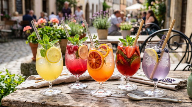 Assorted colorful fruit lemonades with mint and citrus slices in elegant glasses on an outdoor cafe wooden table.