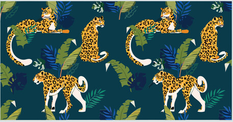 Tropical Leopard and Jungle Leaves Seamless Pattern Illustration © SOHAG