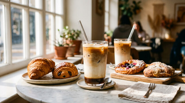 Elegant iced coffee drinks served beside freshly baked croissants and French pastries on a bright cafe marble table.